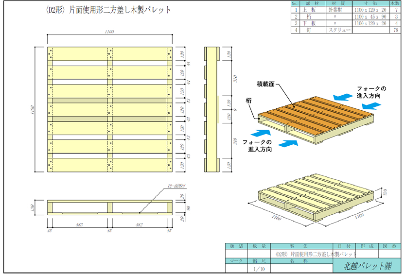 〈D2形〉 片面使用形二方差し木製パレット 基本仕様図 1