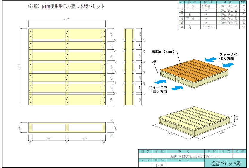 〈R2形〉 両面使用形二方差し木製パレット 基本仕様図 1