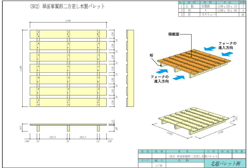 〈SU2形〉 単面単翼形二方差し木製パレット 基本仕様図 1